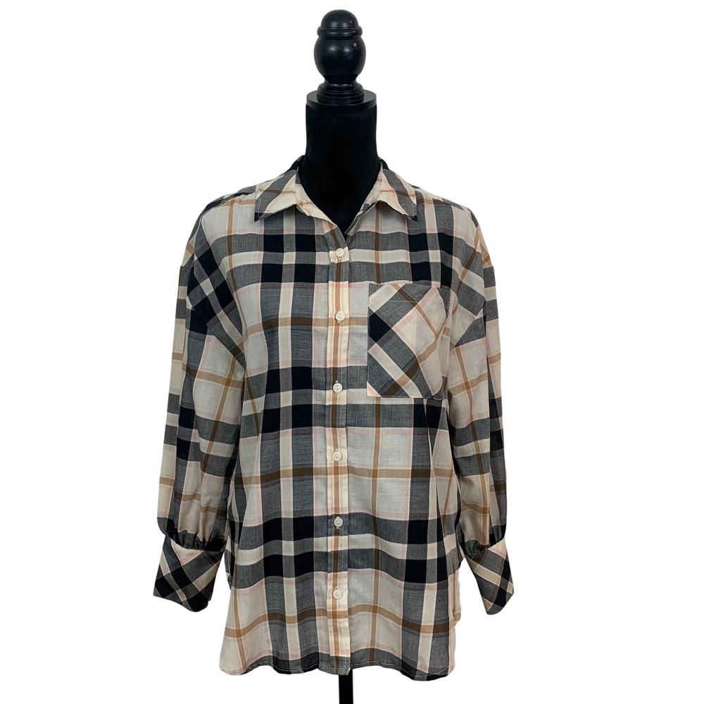 Sanctuary Women's XS Casual Plaid Button Down Shirt Black Tan Long Sleeve